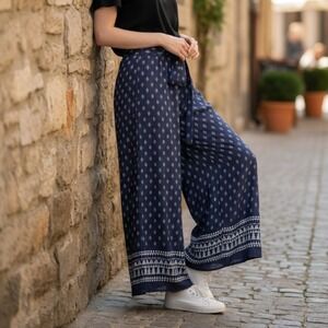 Truth NYC Blue Floral Belted Wide Leg Boho Pull On SheerTrousers Pant L‎ Large